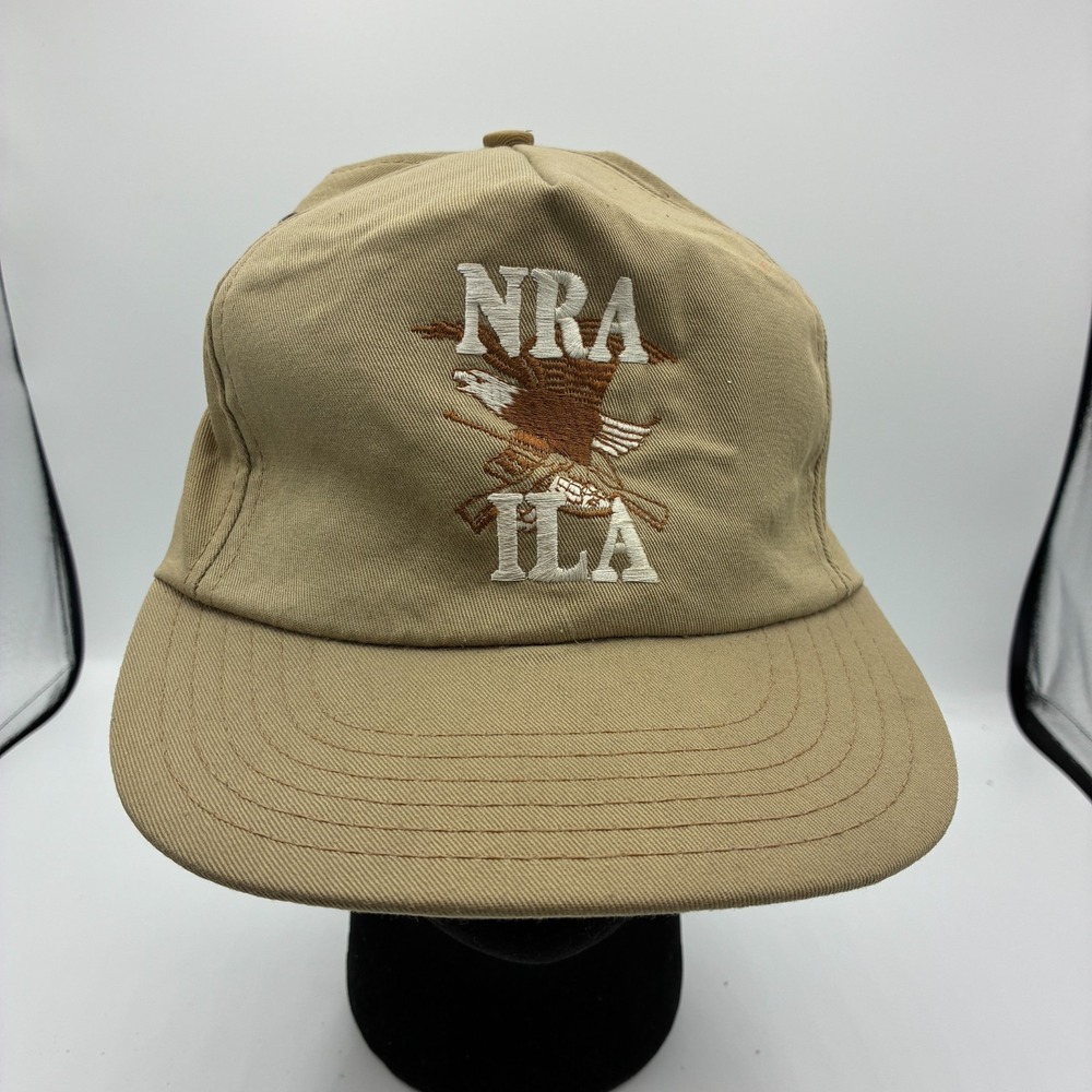 Vintage NRA ILA Tan Leather Strapback Hat Trucker Cap USA Made Adjustable
